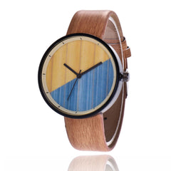 Men Women Couple Vintage Round Wood Grain Faux Leather Strap Quartz Wrist Watch