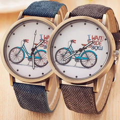 Women Casual Bike Pattern Round Dial Fabric Strap Quartz Analog Wrist Watch