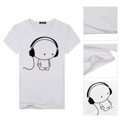 Men Short Sleeve T-Shirt Headphone Man Cartoon Pattern Print T-Shirt Fashion Casual Round Neck Slim Fit Top Male