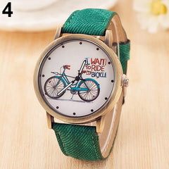 Women Casual Bike Pattern Round Dial Fabric Strap Quartz Analog Wrist Watch