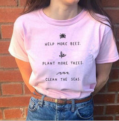 Help More Bees 90s Aesthetic Graphic T Shirts Harajuku Plus Size Women Plant More Trees White Top O neck 100% Cotton Tees Tshirt