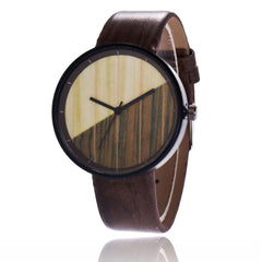 Men Women Couple Vintage Round Wood Grain Faux Leather Strap Quartz Wrist Watch