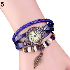 Women Retro Faux Leather Bracelet Tree Leaf Decoration Quartz Wrist Watch
