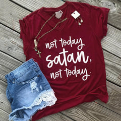 Short Sleeve t shirt Women Not Today Satan Letter Print V-Neck T-Shirt Female Summer Casual Burgundy Ladies Tops Tee