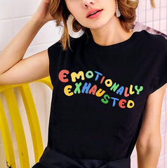 Emotionally Exhausted Colorful Printed T Shirt Unisex Tumblr Grunge Black Tee Cute Summer Tops Street Casual  Wear