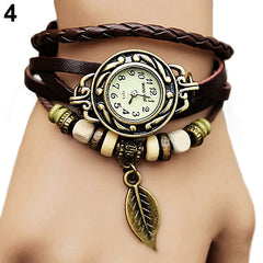 Women Retro Faux Leather Bracelet Tree Leaf Decoration Quartz Wrist Watch