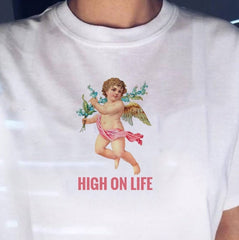 HIGH ON LIFE Angel Tshirt Ulzzang Tumblr Angel Printed White T Shirt Aesthetic Tumblr Graphic Tops Summer Short Sleeve Clothes