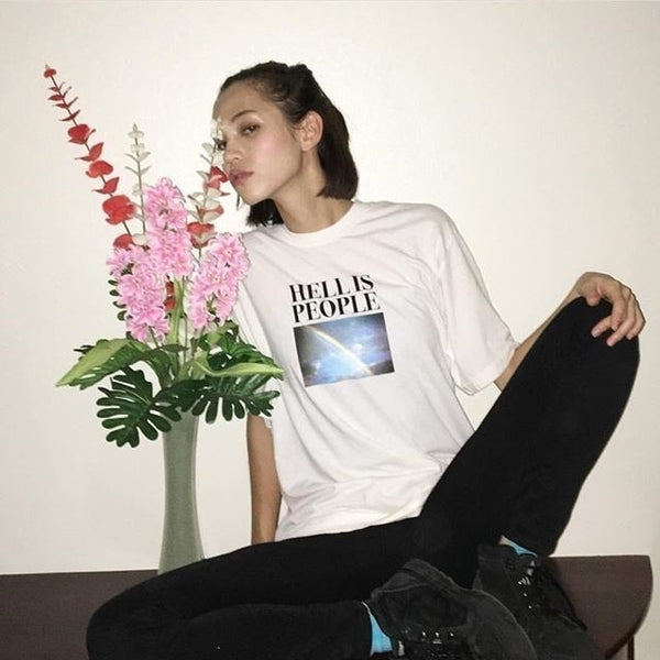 Men Women Tumblr Grunge Tee Hell Is People Rainbow Print Quotes Graphic T Shirt Harajuku Street Wear Cool Outfit