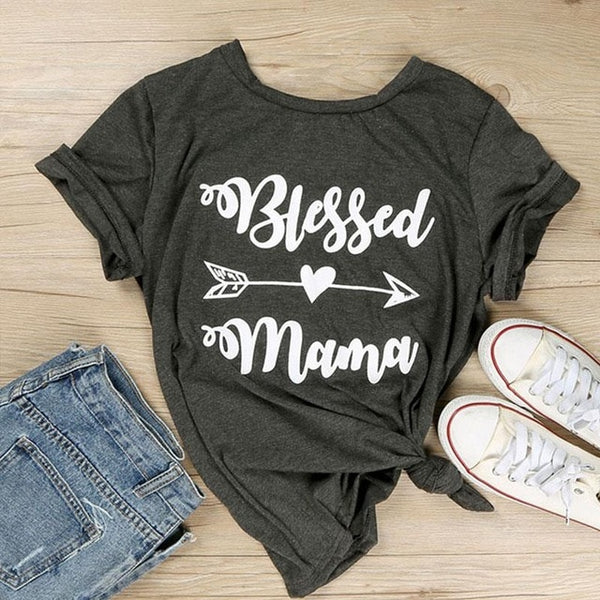 Blessed Mama Letter Printing Women T-Shirt O-Neck Short Sleeve Top Tees