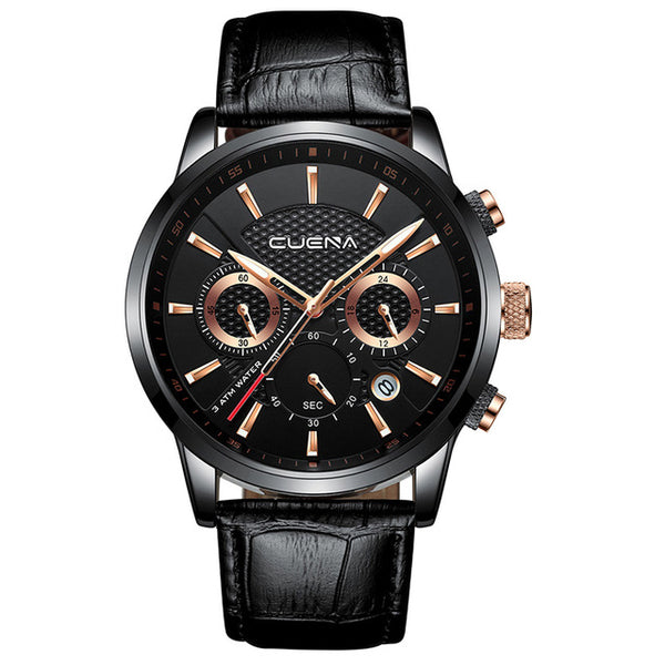 CUENA Men's Watches Stopwatch Date Luminous Hands Genuine Leather 30M Waterproof Clock Man Quartz Watches Men Fashion Watch