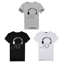 Men Short Sleeve T-Shirt Headphone Man Cartoon Pattern Print T-Shirt Fashion Casual Round Neck Slim Fit Top Male