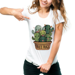 Women T Shirt Cute Cactus Free Hugs Design Print T-Shirt Casual Tops Cute Tees Hipster Tee Shirt Femme