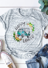 female t-shirt sunny season small sleeveds
 t-shirt Happy Camping Bus flower-patterned
 design
 t-shirt rounded neck
 t-shirt Gray casual wear
 Tops t-shirt